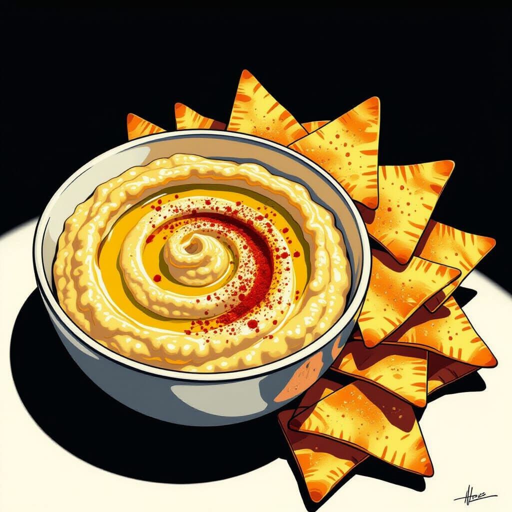 Creamy Hummus and Pita Chips in Comic Art Style