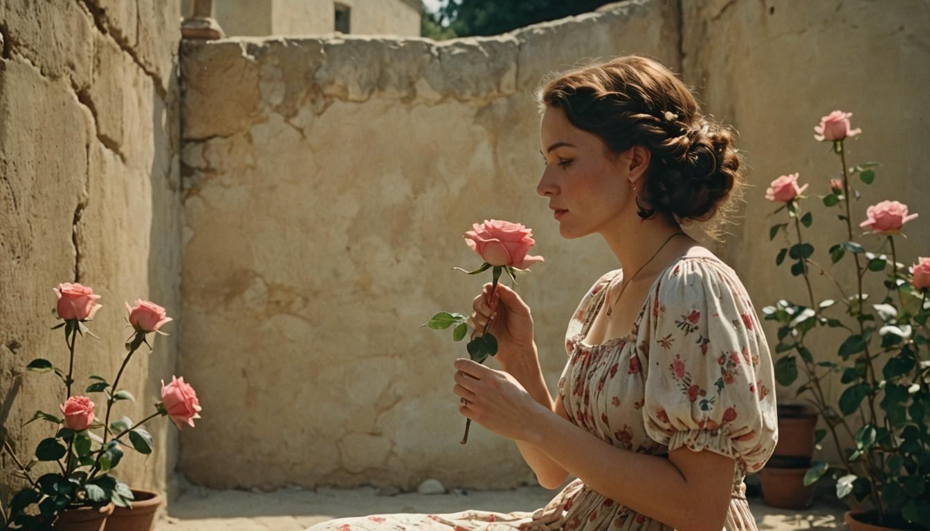 Woman Smelling Rose in Cinematic Film Still