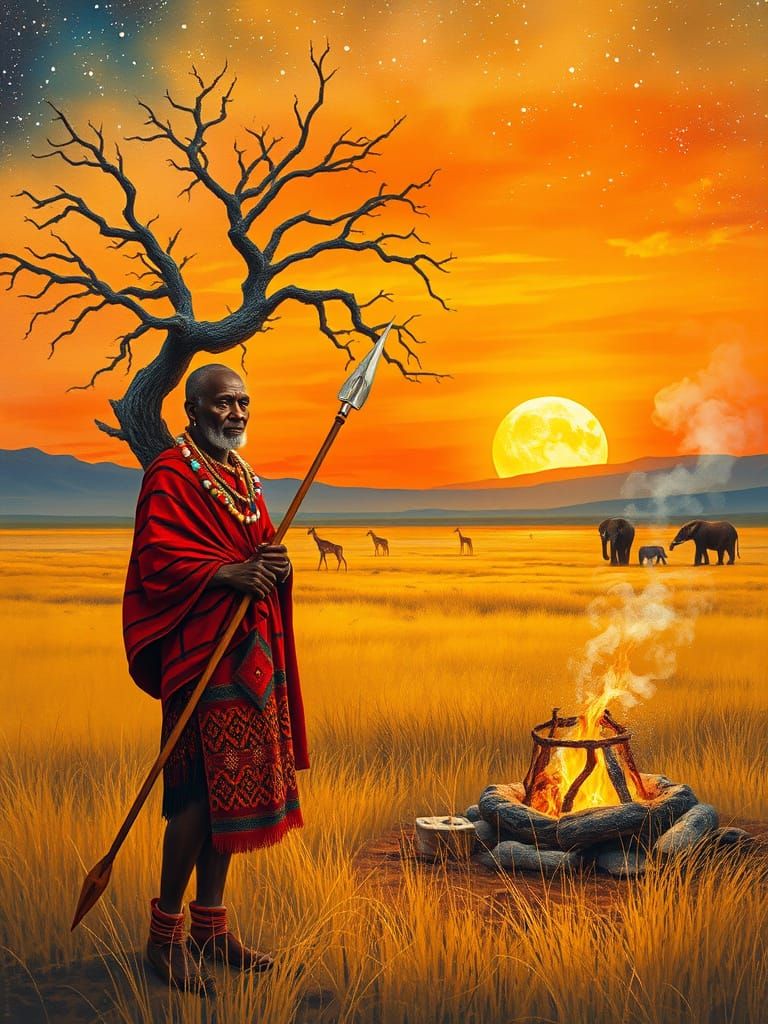 Masai Warrior on African Savanna Under Starry Night