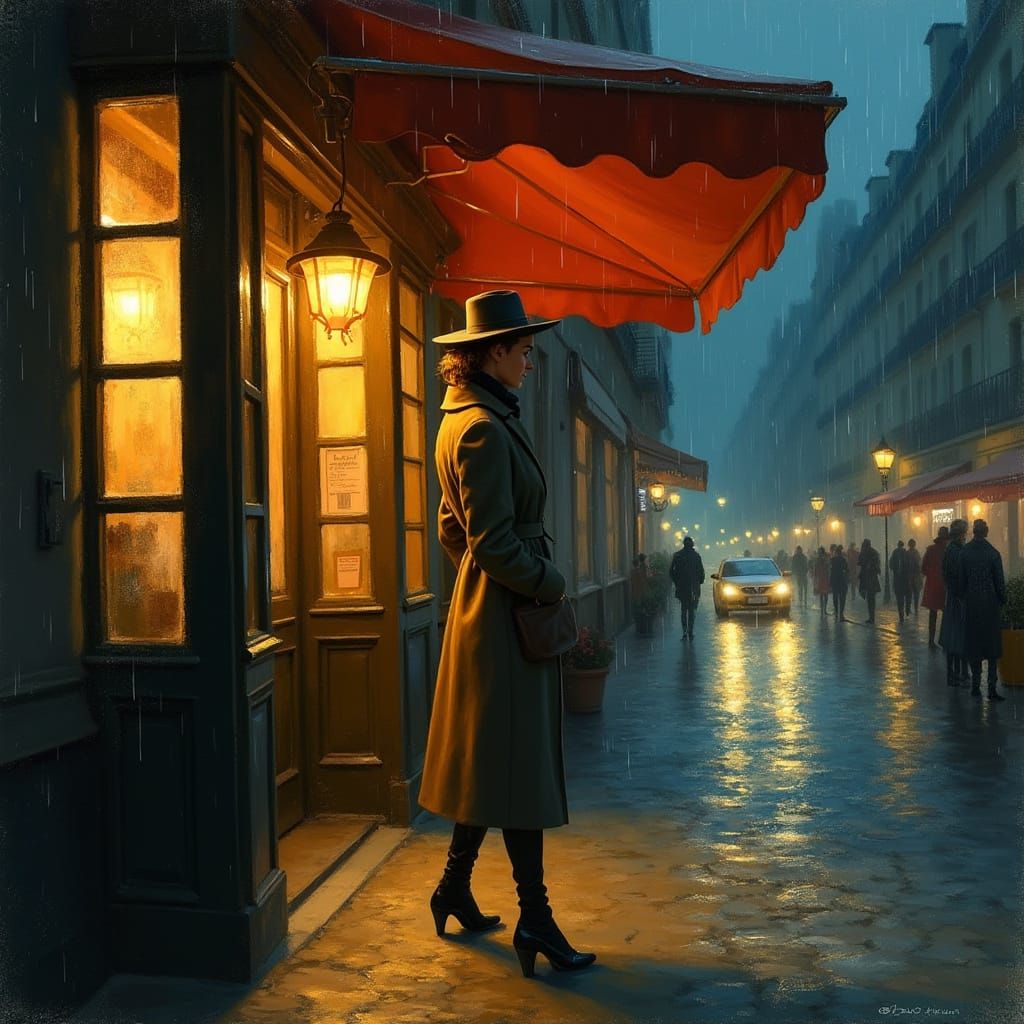 Paris Cafe: Rainy Night in Impressionistic Style