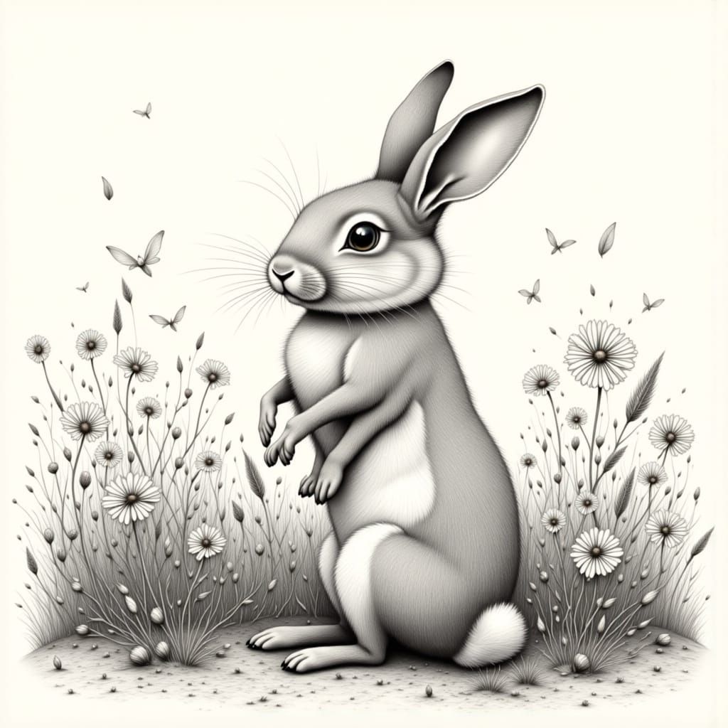 Graphite Sketch of Bunny in Meadow