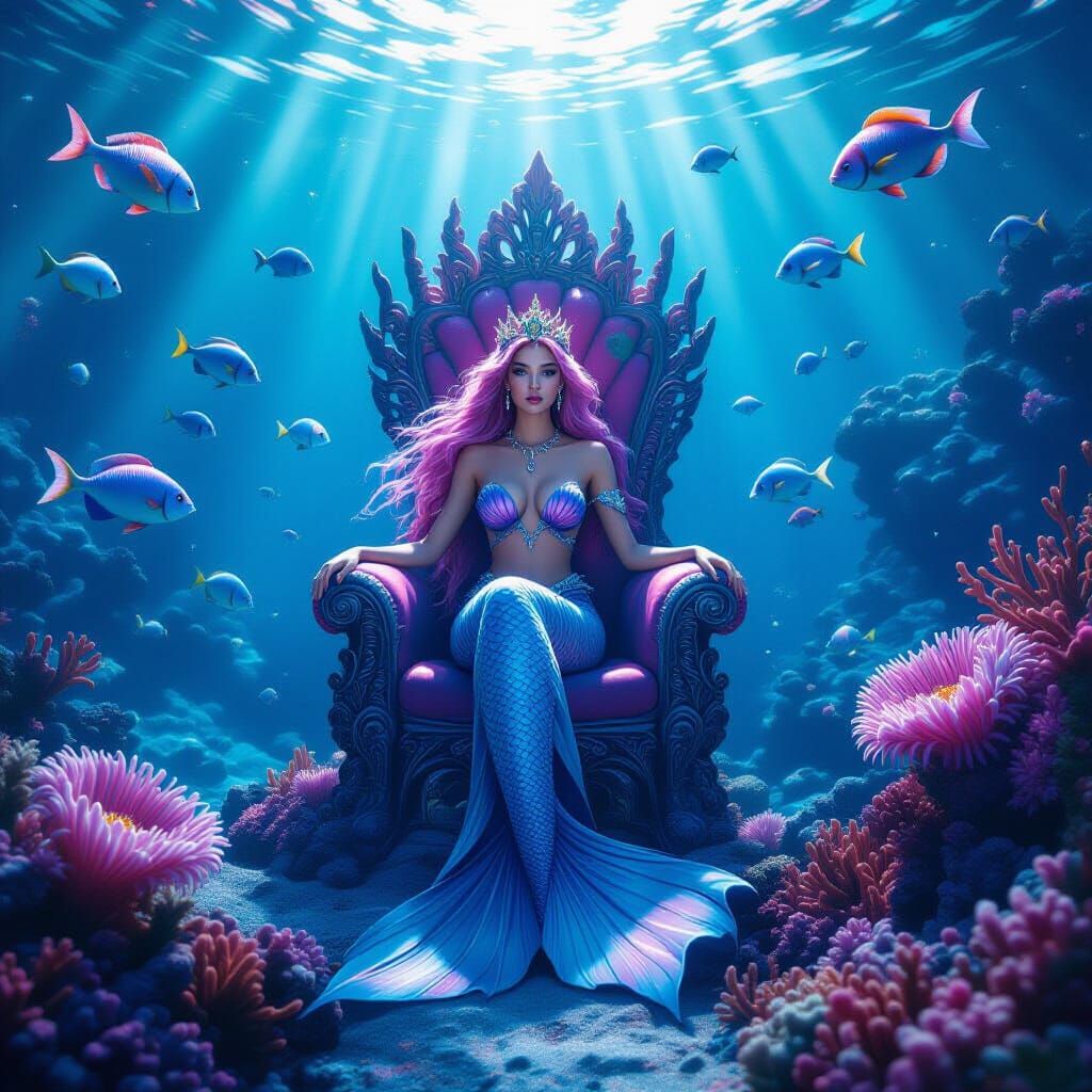 Mermaid Queen on Coral Throne in Underwater Scene