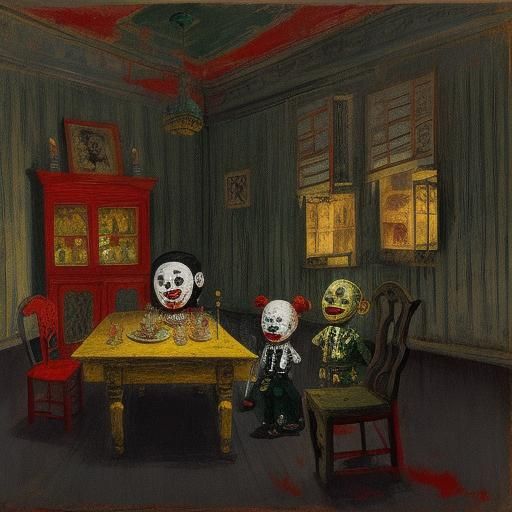 Clowns in Haunted House, Expressionist Painting Style