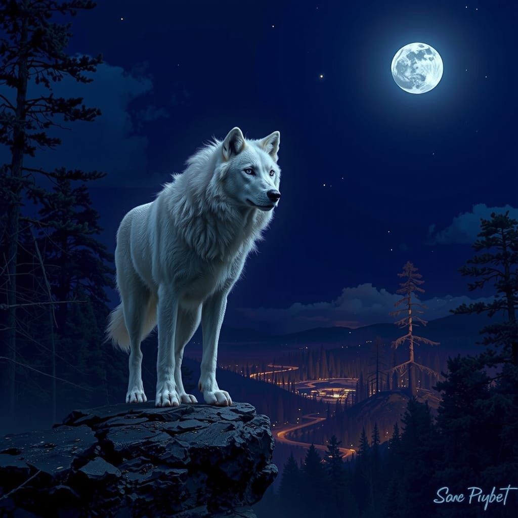 Majestic White Wolf in Ethereal Moonlight Forest
