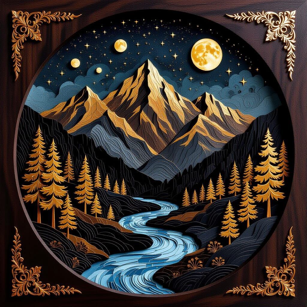 Detailed Wood Carving of Mountain Landscape at Night