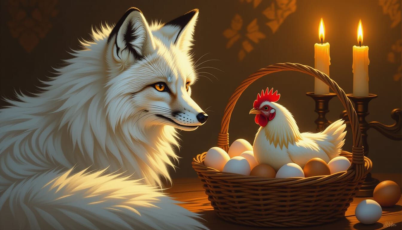 Majestic White Fox Meets Chicken in Candlelit Scene