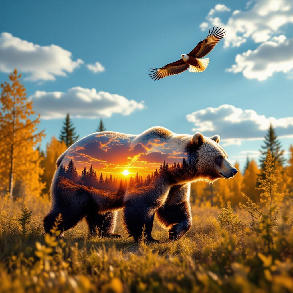 Hyper-Realistic Transparent Bear in Golden Forest