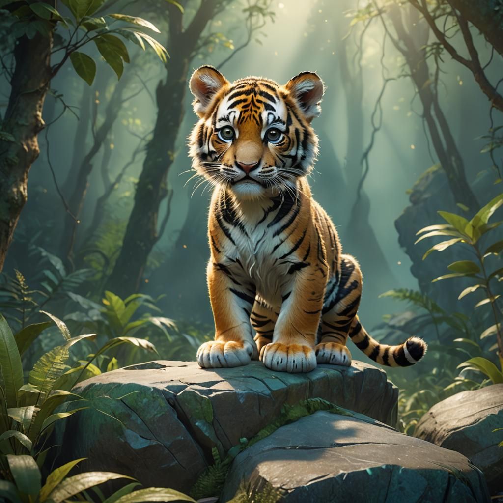 Tiger Cub in Fantasy Forest: 3D Digital Art
