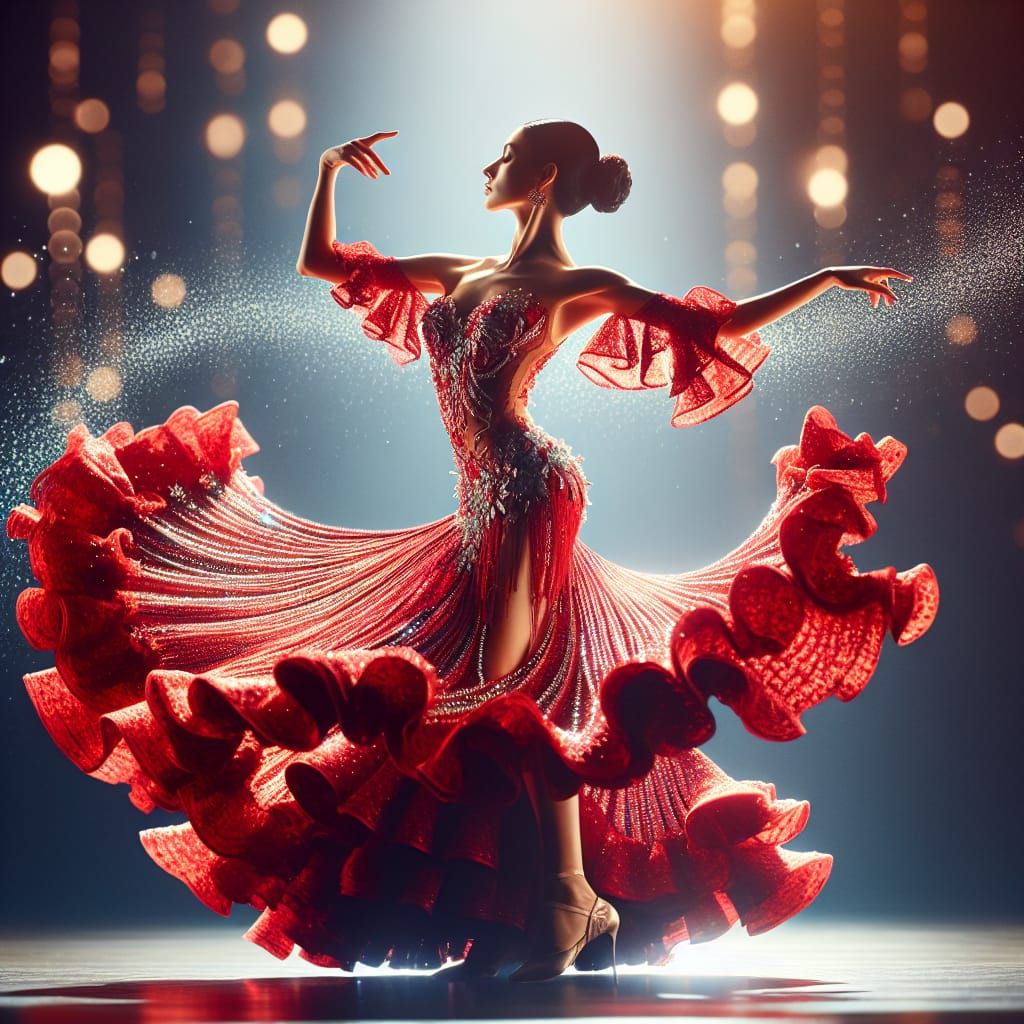 A graceful dancer wears a flowing, dazzling red dress, made ...