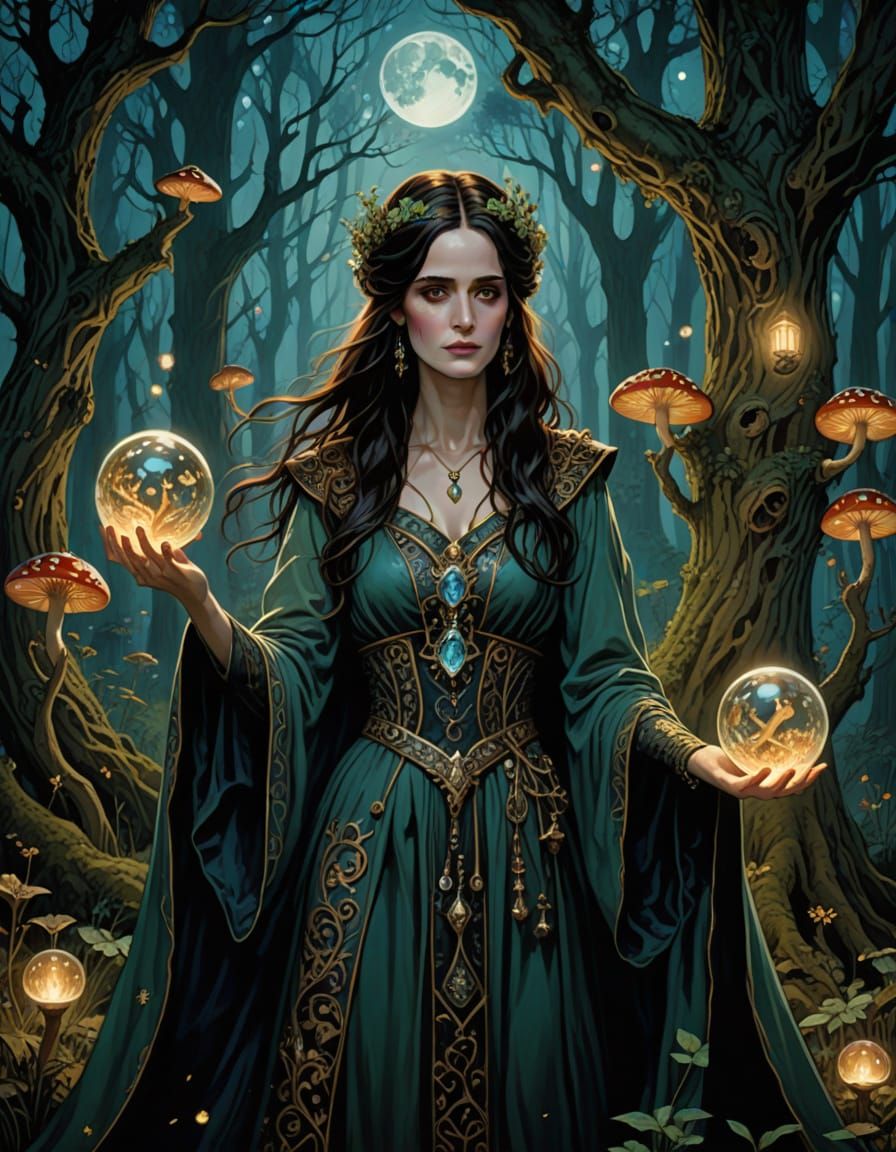 Enchanted Sorceress Under Moonlit Forest Canopy