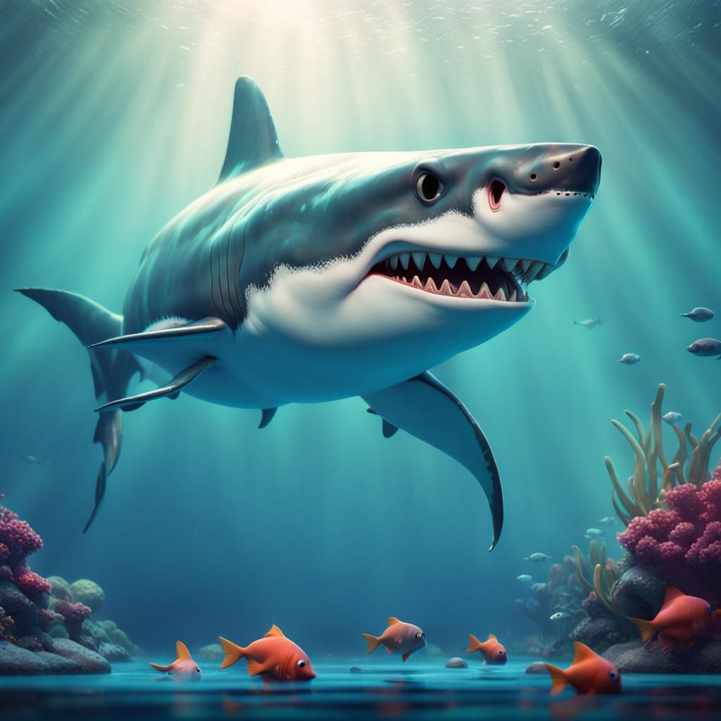 Great White Shark Underwater Hunt: Pixar-Style 3D Rendering