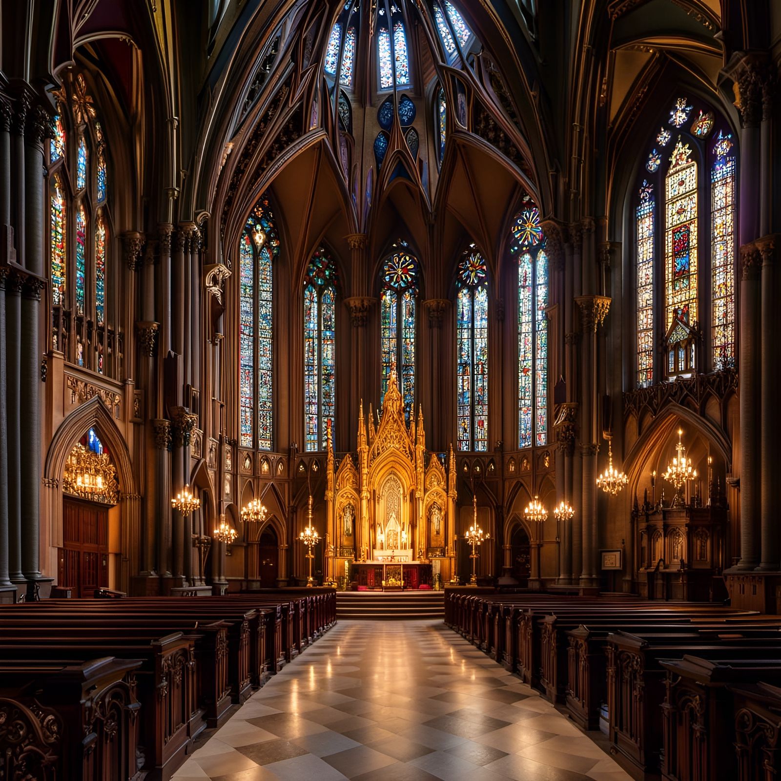 Intricate Gothic Church Interior in Sunlight
