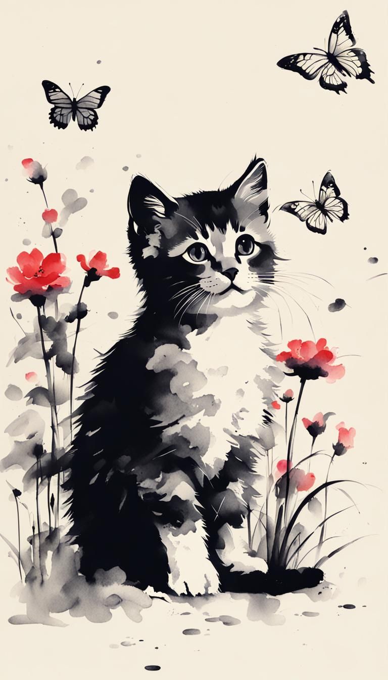 Kitten and Butterfly in Minimalist Ink Painting