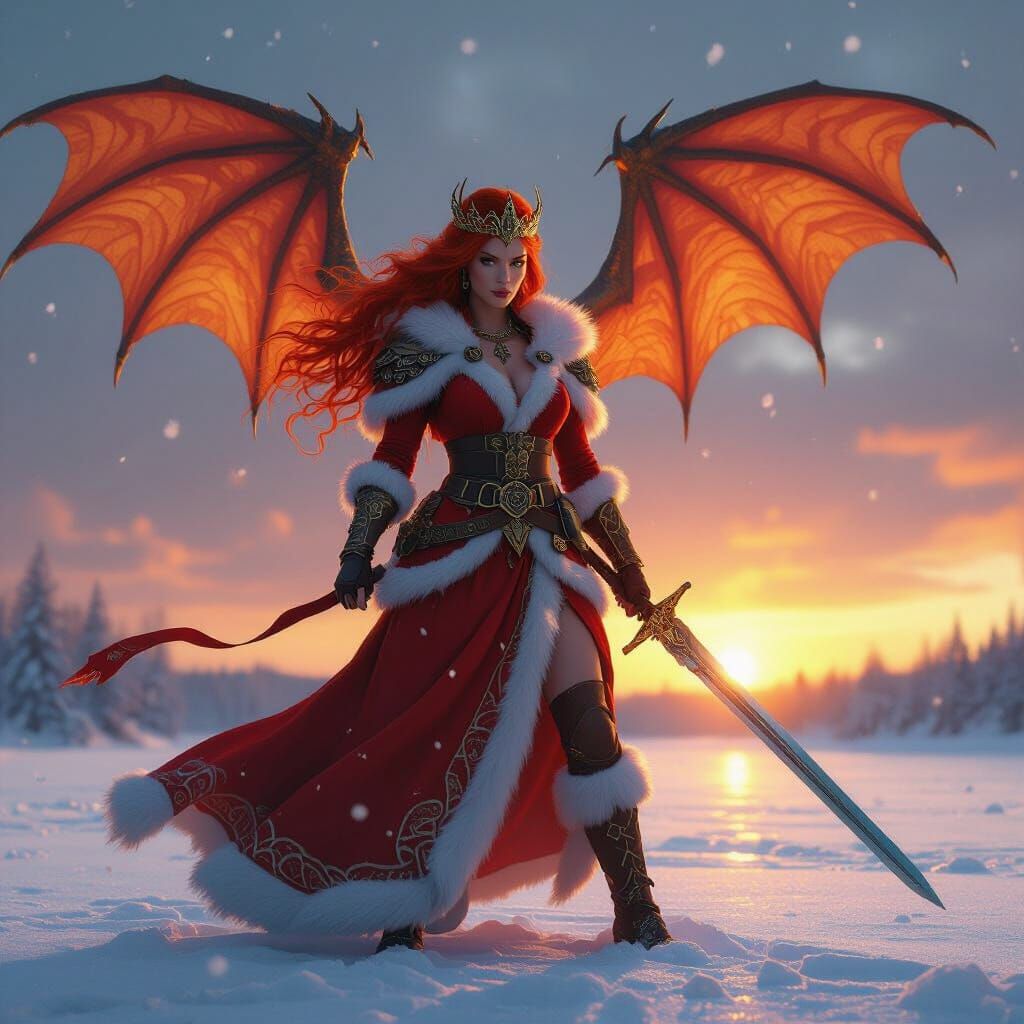 Celtic Warrior Woman in Santa Suit with Dragon Wings