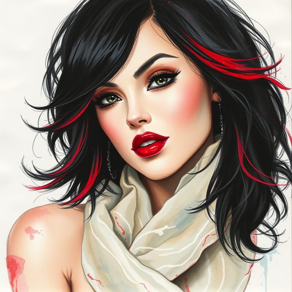 Beautiful Woman with Red Highlights as Tempera Painting