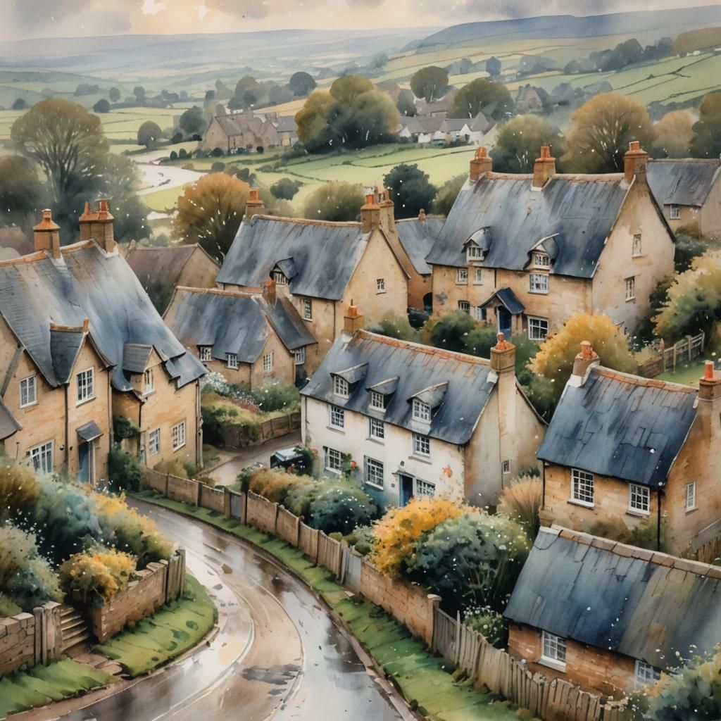 English Village in Watercolour, Misty Landscape