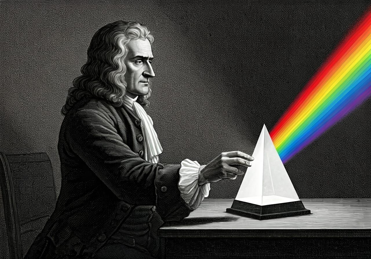 Black and white ink drawing, except the rainbow, of Sir Isaa...