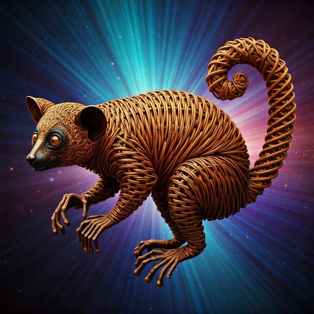 Wicker Lemur with Holographic Astral Background