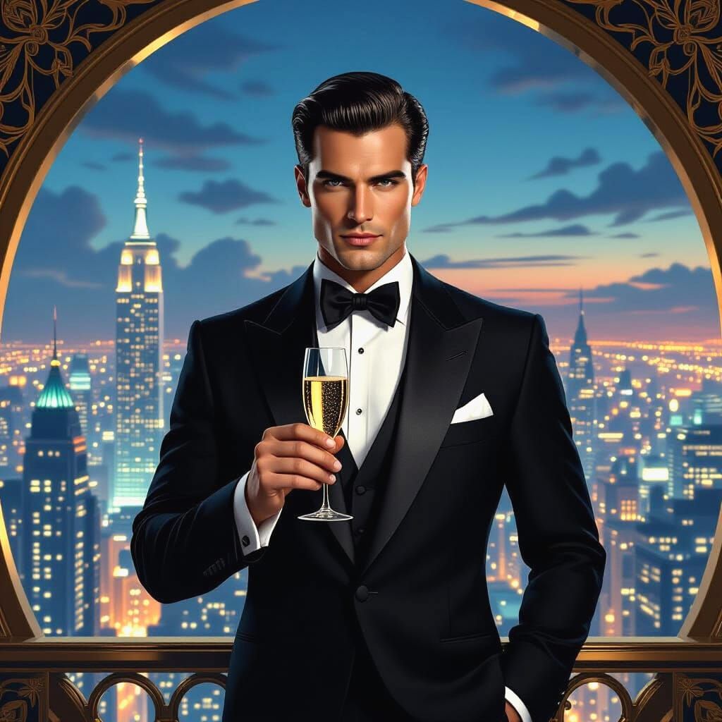 Art Deco Man with Champagne in Futuristic City