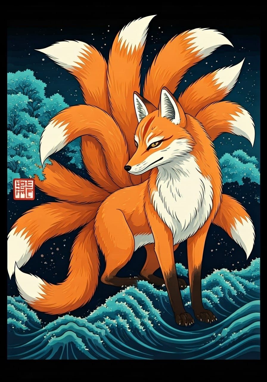 Mystical Japanese Fox in Ukiyo-E Painting Style