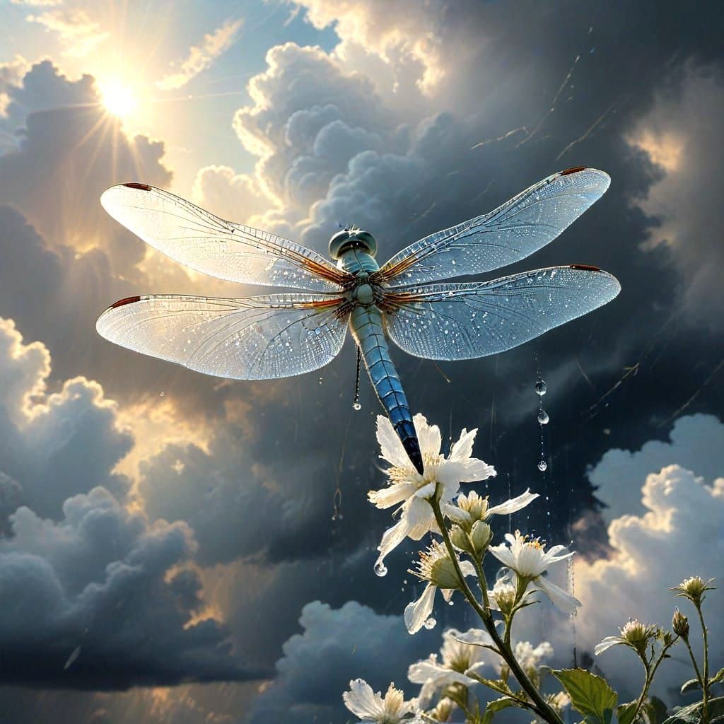 Divine White Dragonfly in Rainy Sky, Soft Focus, Holy