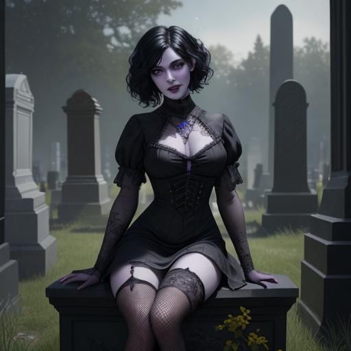 Gothic Woman in Cemetery: Hyperdetailed Dark Fantasy Art