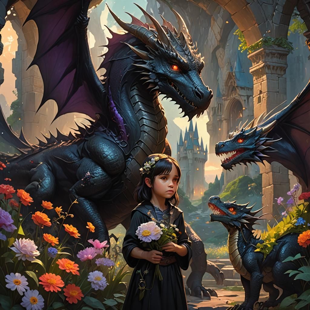 Gothic Girl Offers Flowers to Dragon in Enchanted Forest