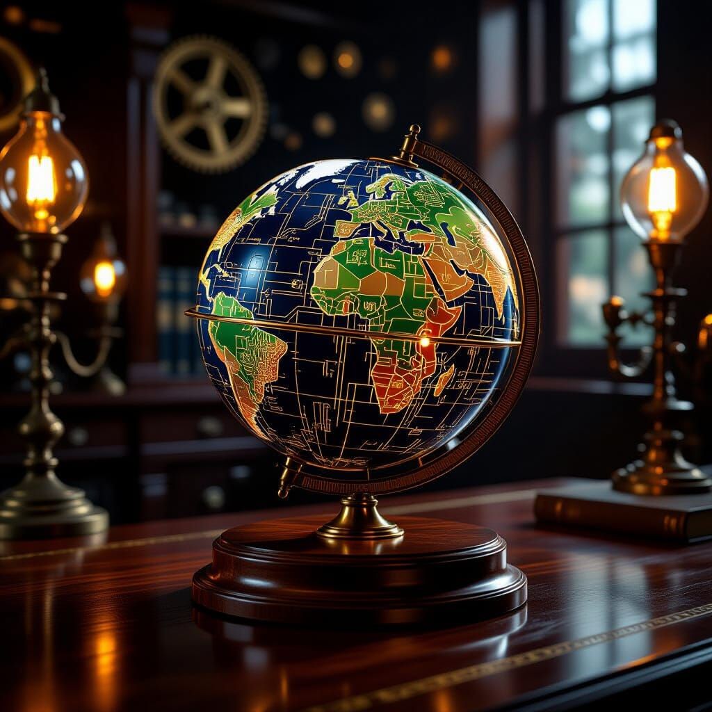Steampunk Globe with Circuit Board Continents on Mahogany De...