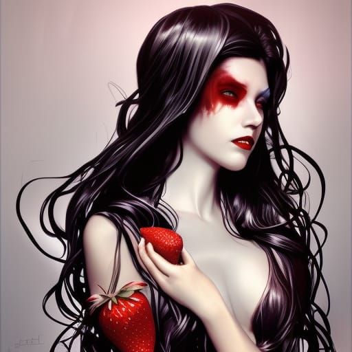 Vampire Woman Portrait with Strawberry, Hyperrealistic Art