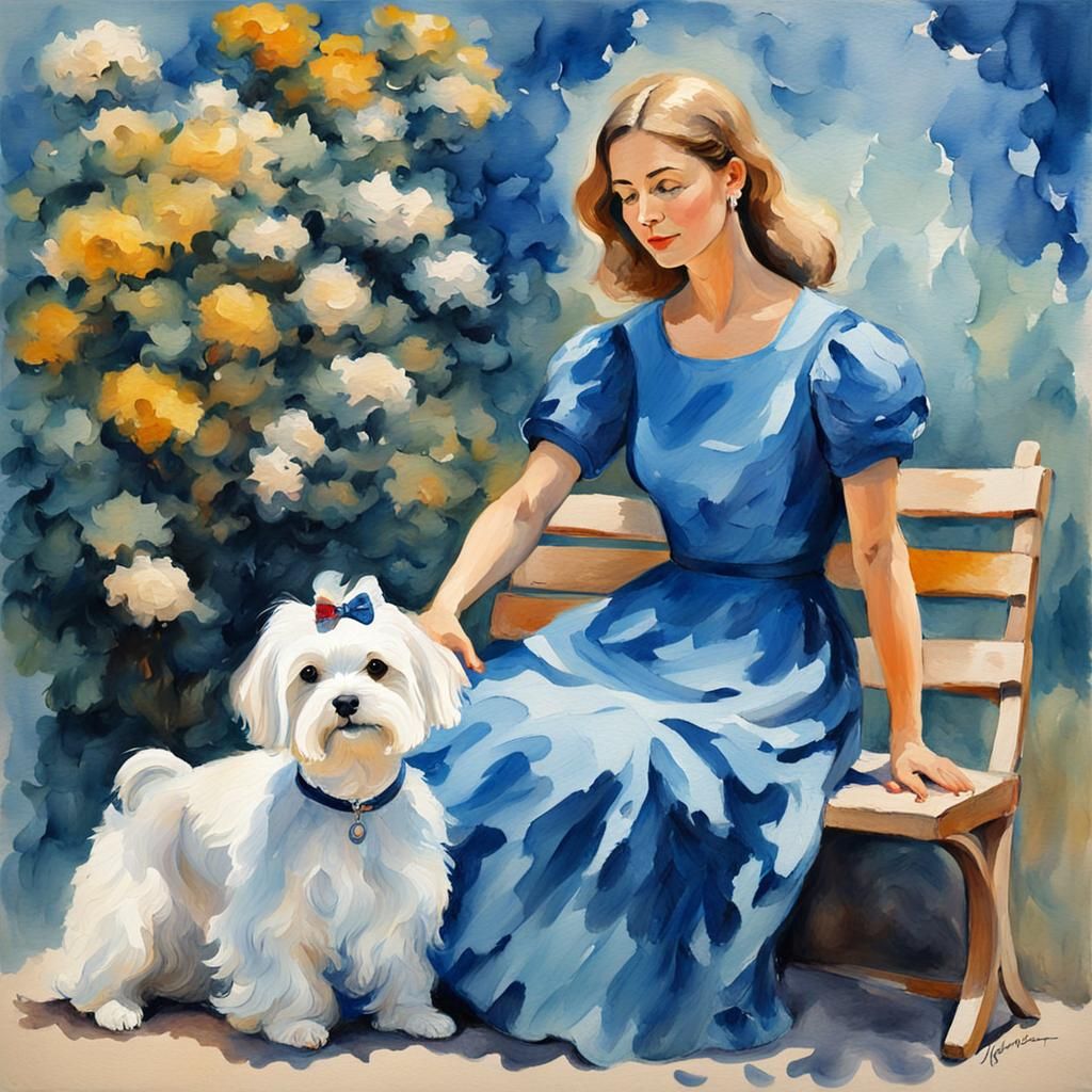 Woman with Maltese Dog in Gouache Style