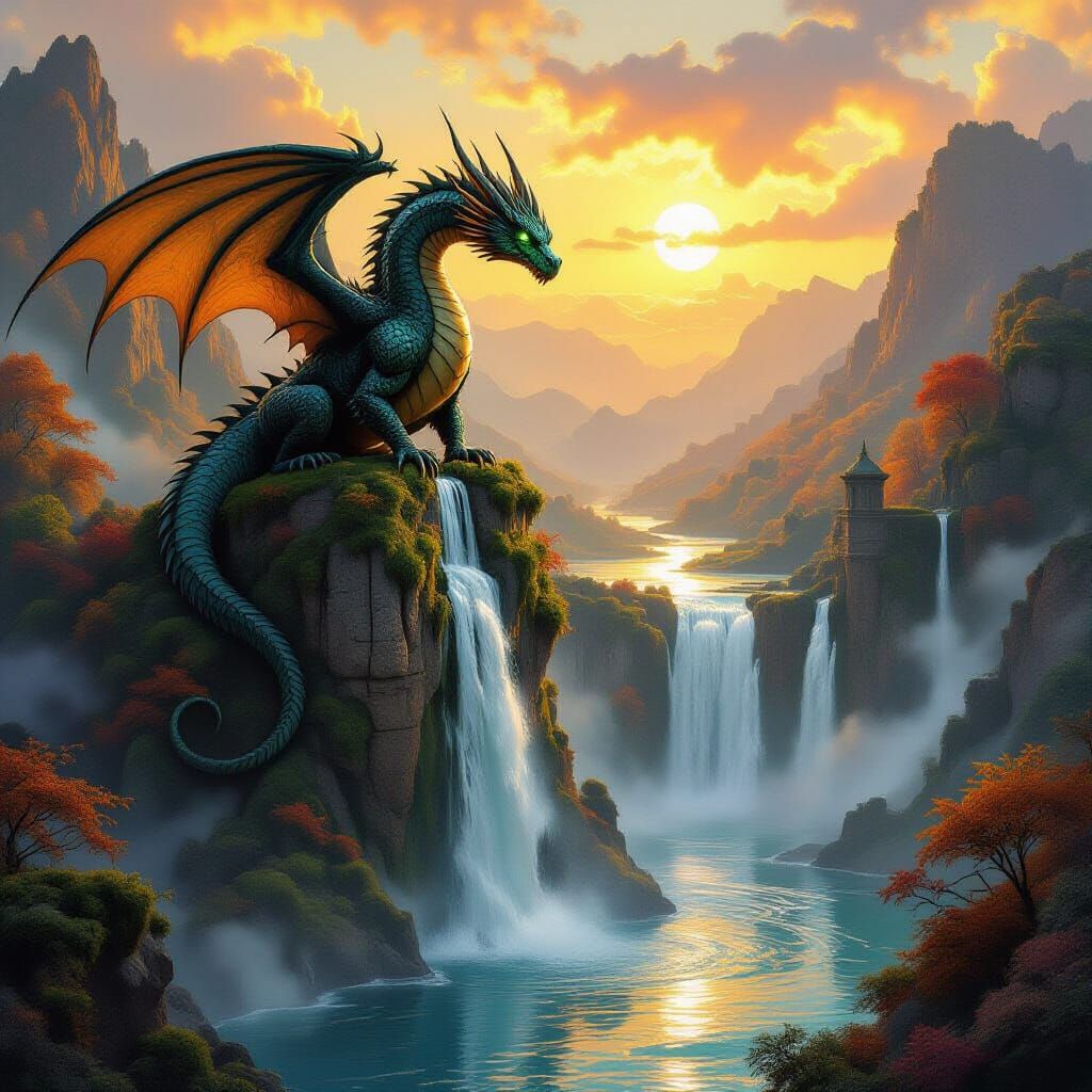 Ancient Dragon on Ruin Above Waterfall in Golden Light