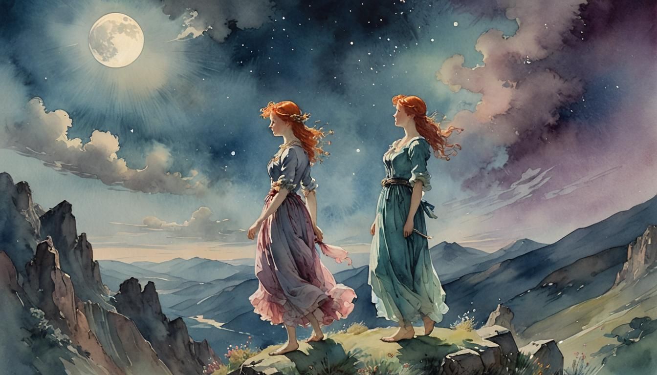 Ethereal Celtic Woman in Moonlit Watercolor Landscape