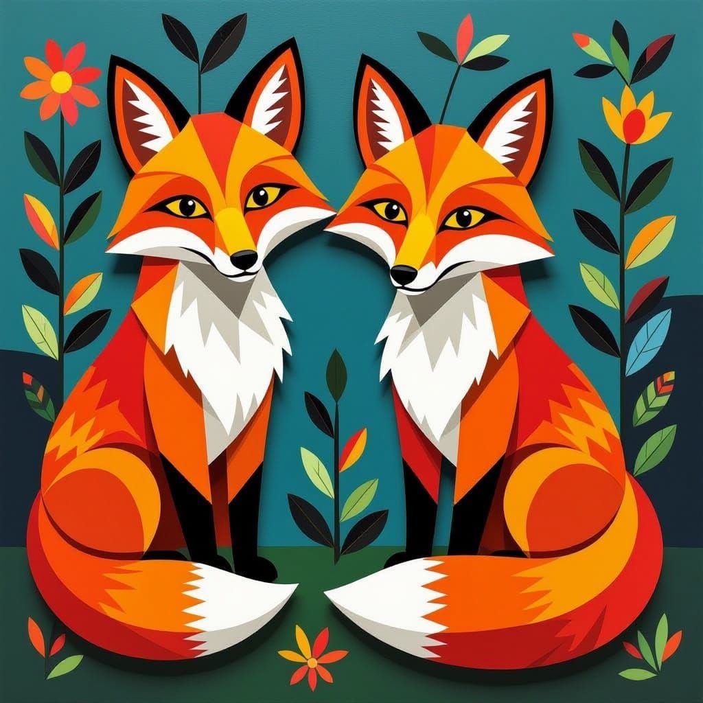 Oaxaca Style Foxes Assembled from Painted Pine