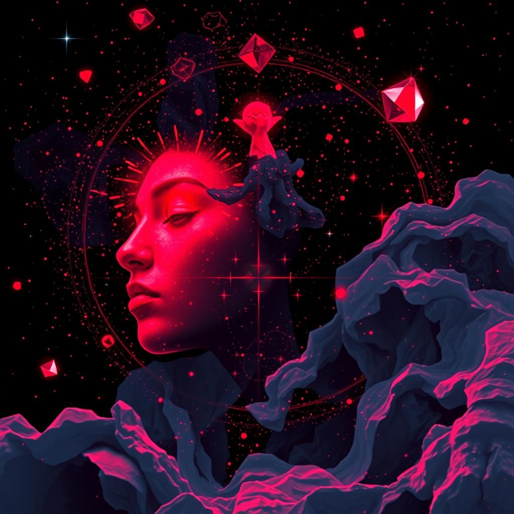 Abstract Red Ruby Constellation with Glitch Effects