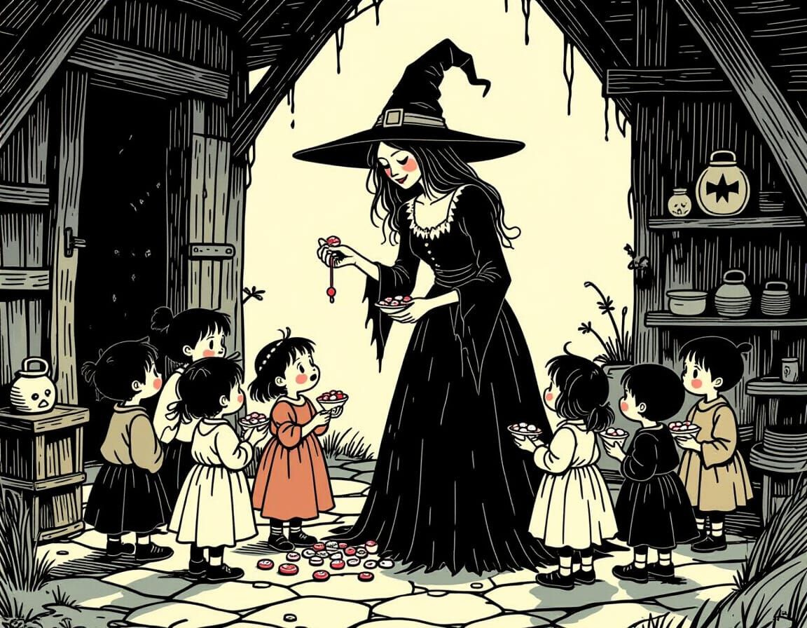 Whimsical Witch Feeds Starving Children in Rustic Cottage