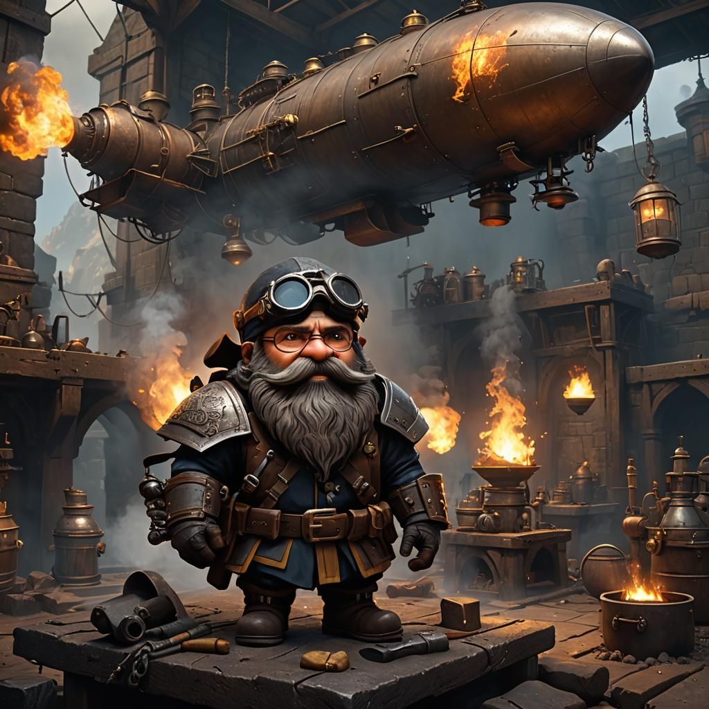 Scottish Dwarf Forging Blimp: Detailed Matte Painting