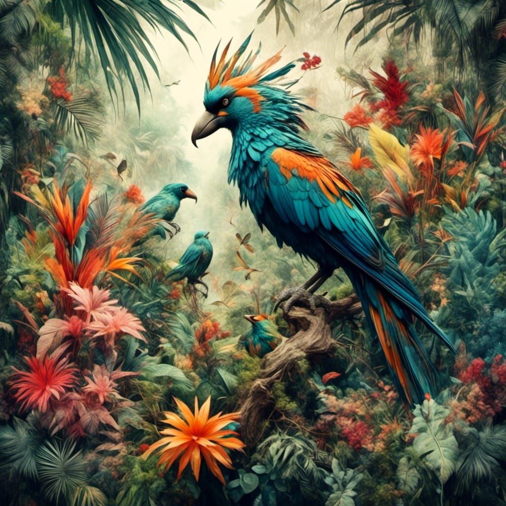 Tropical Jungle Double Exposure in Watercolor Style