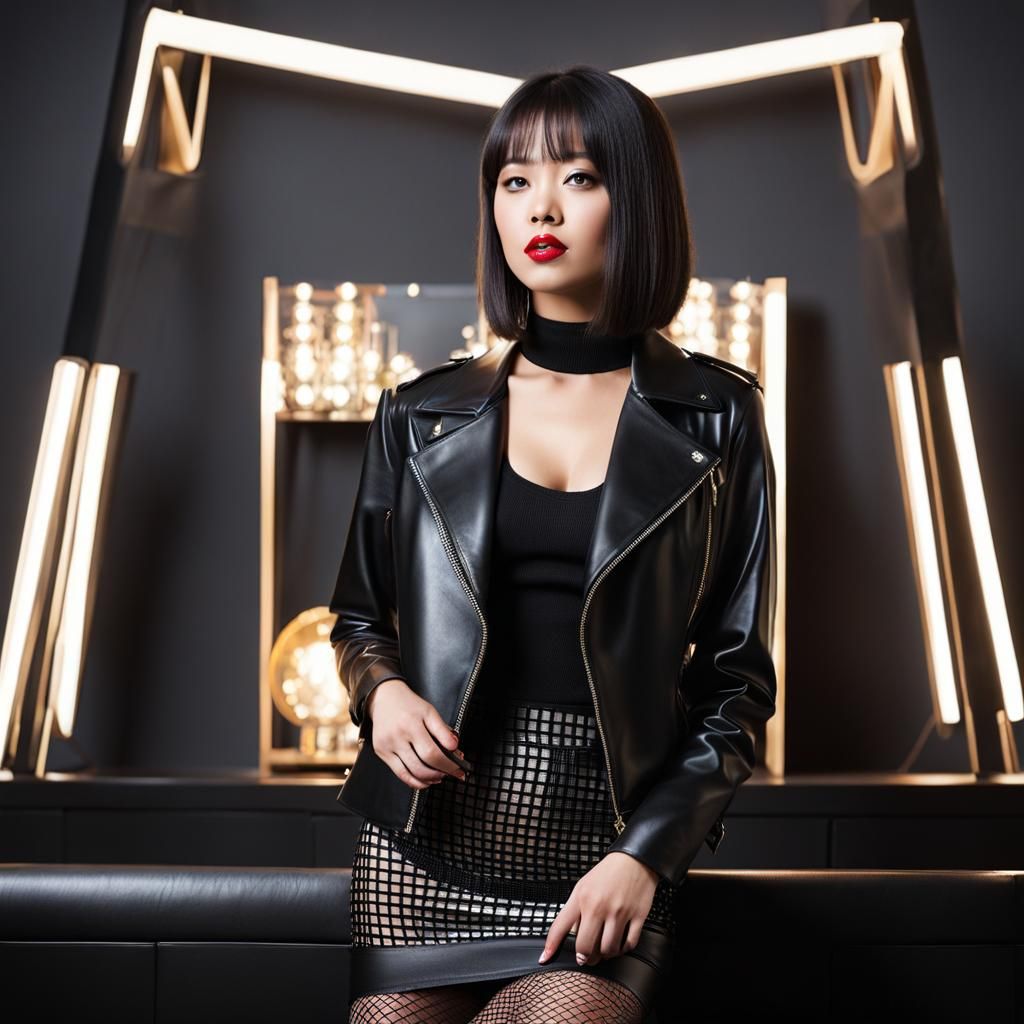 Leather Skirt and Fishnet Stockings Outfit