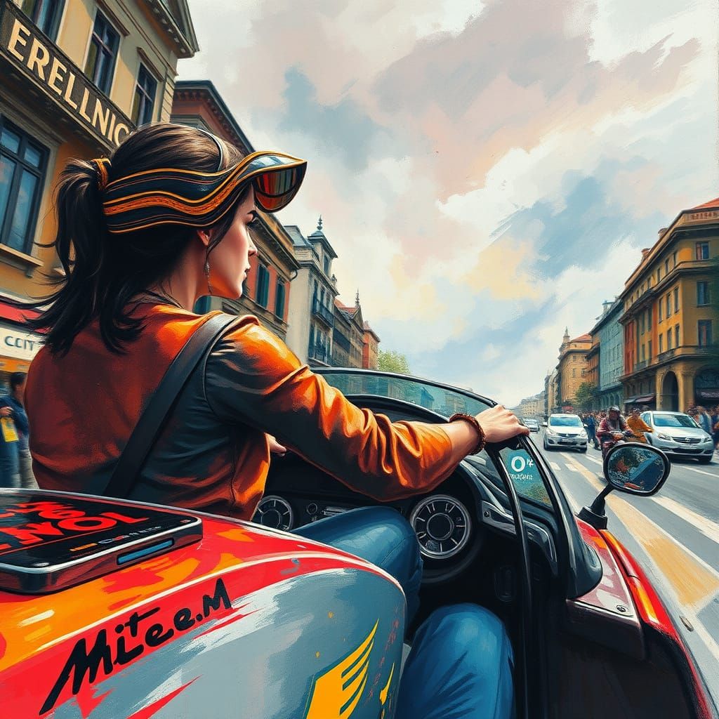 Woman in Sports Car: Gouache and Watercolor Cityscape