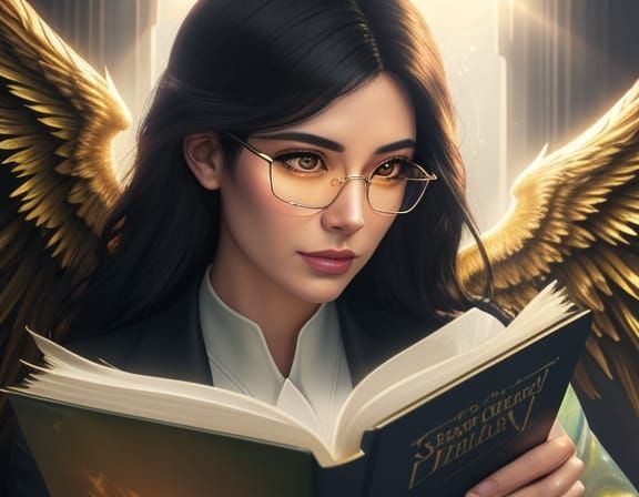 Dark Angel Librarian Reads Book in Psychedelic Oil Painting