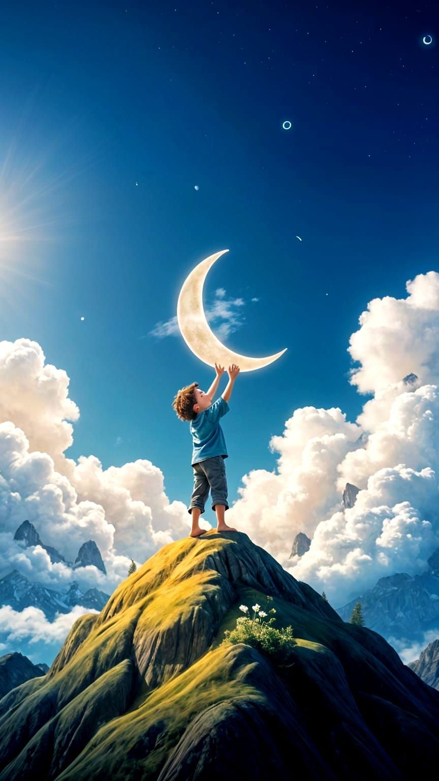 Child Carves Moon in Dreamlike Celestial Landscape