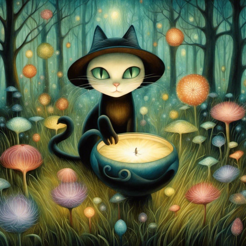 Black Cat in Magical Forest with Lightbugs