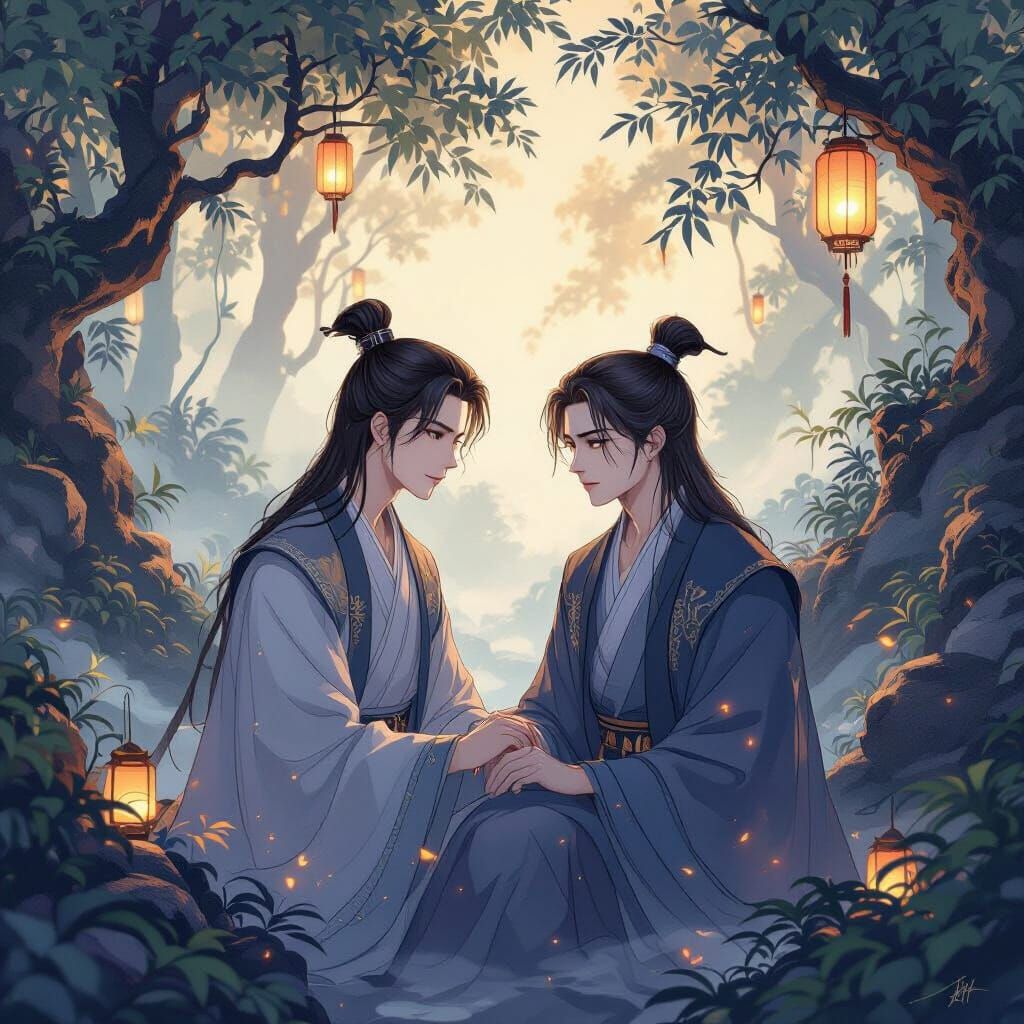 Manhwa Style Forest Scene of Two Men in Traditional Robes