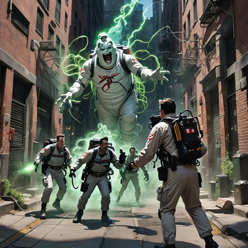 Ghostbusters Capturing Ghosts in City Alleyway