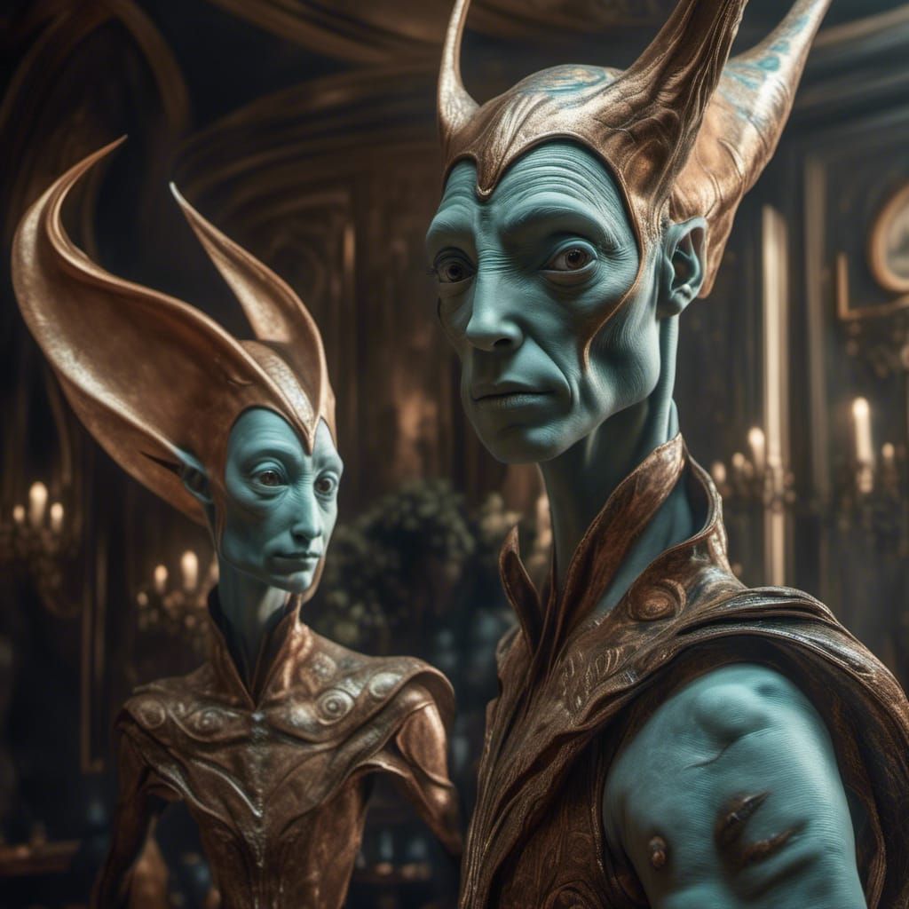 Art History Characters Party with Aliens in Hyperrealism