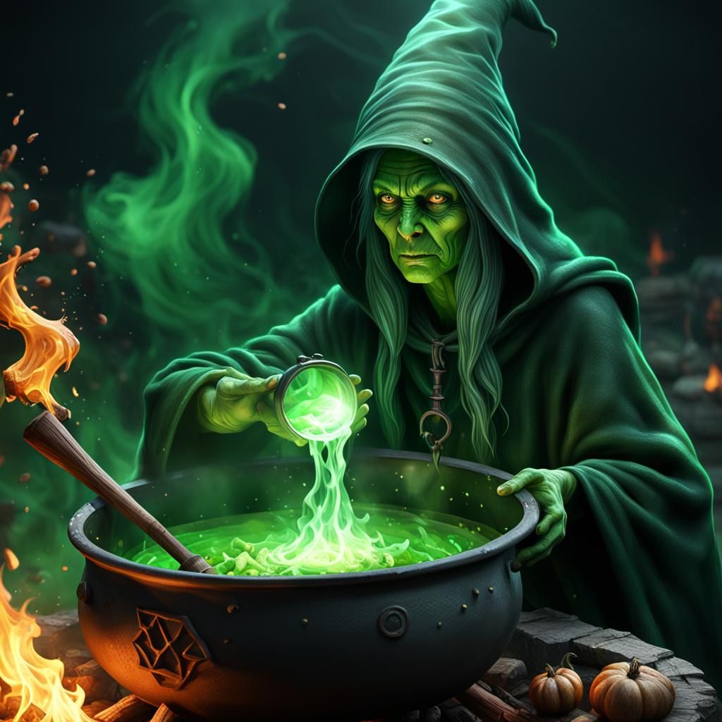 Green Witch Brews Potion in Grimdark Style