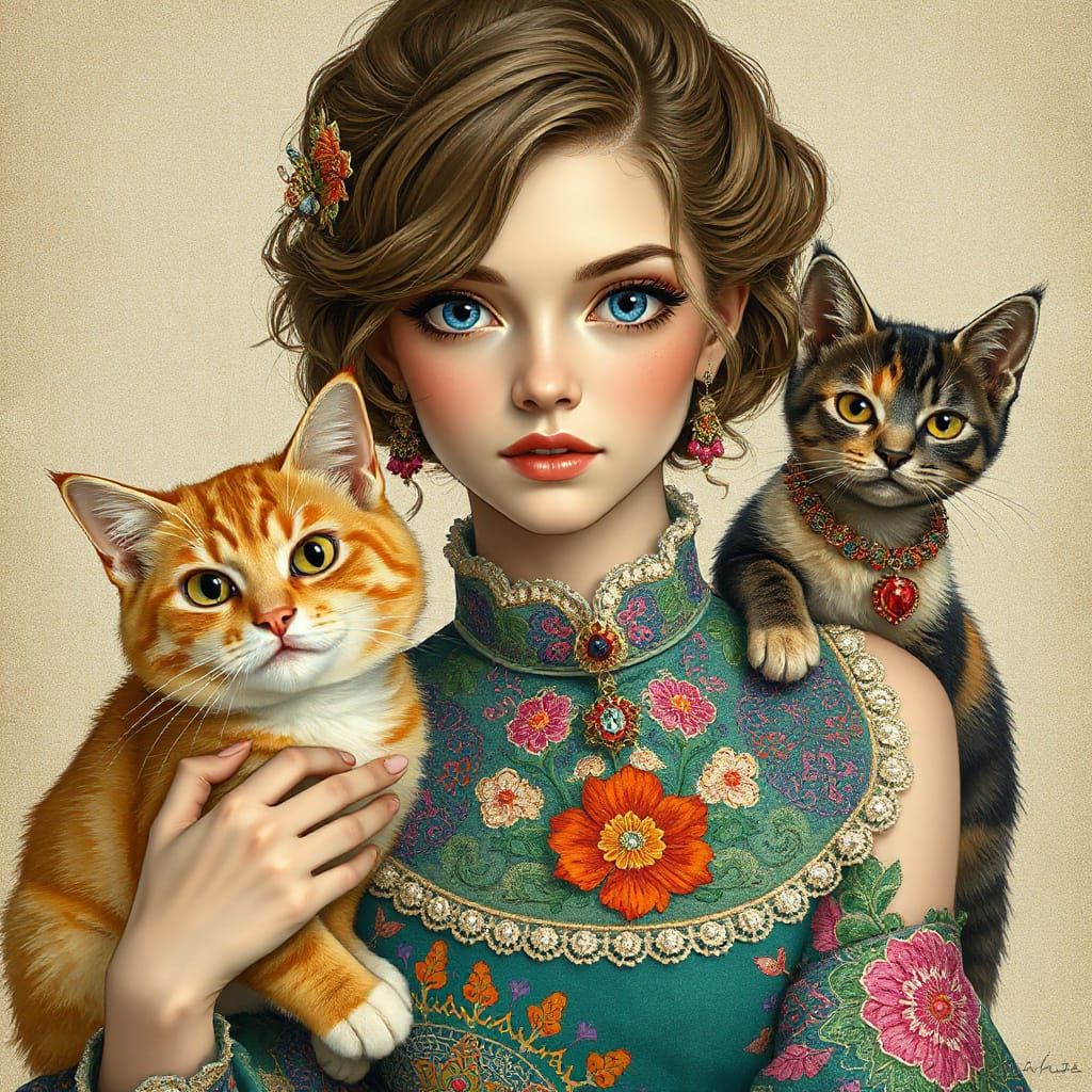 Elegant Woman with Cats in Art Nouveau Style