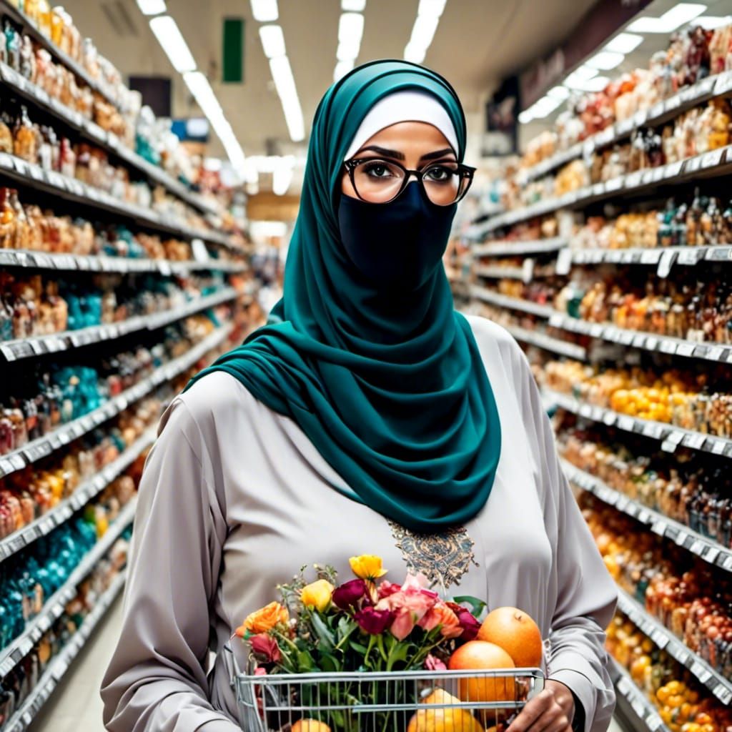 Niqabi Woman Shopping in Hijab Boutique, Pop Art Style