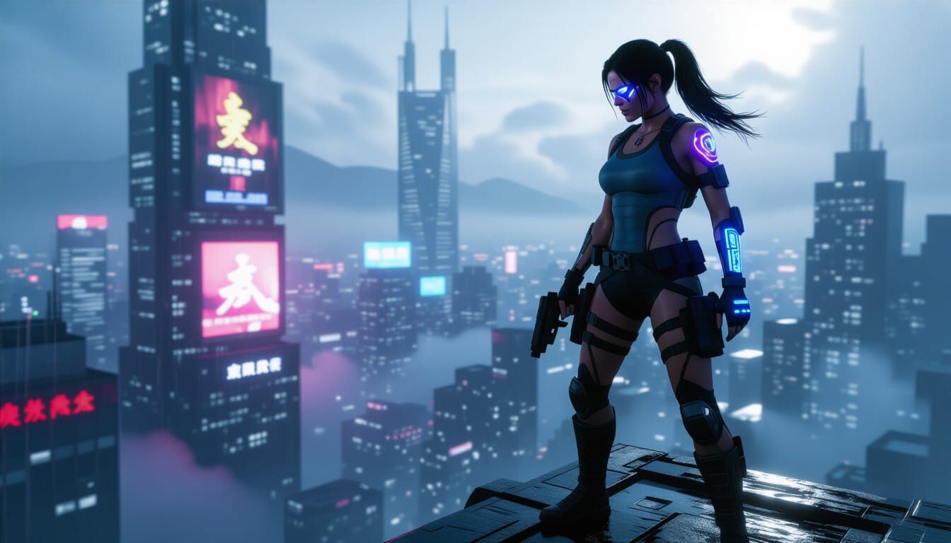 Cyberpunk Lara Croft on Futuristic Skyscraper