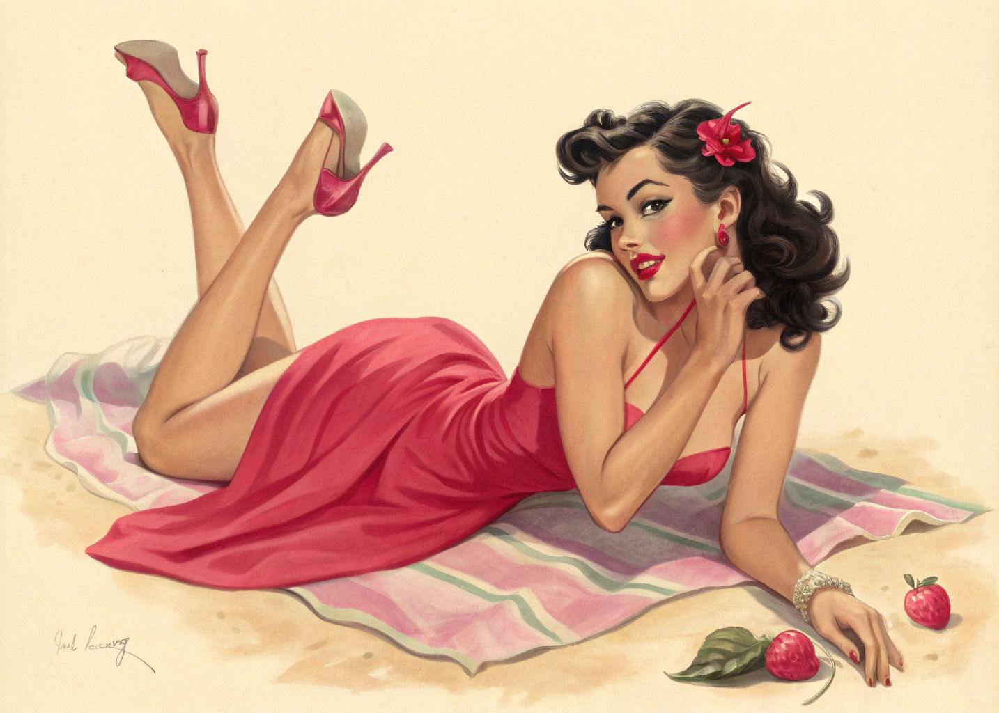 Vintage Pin-Up Girl in Pink Dress, Gil Elvgren Style